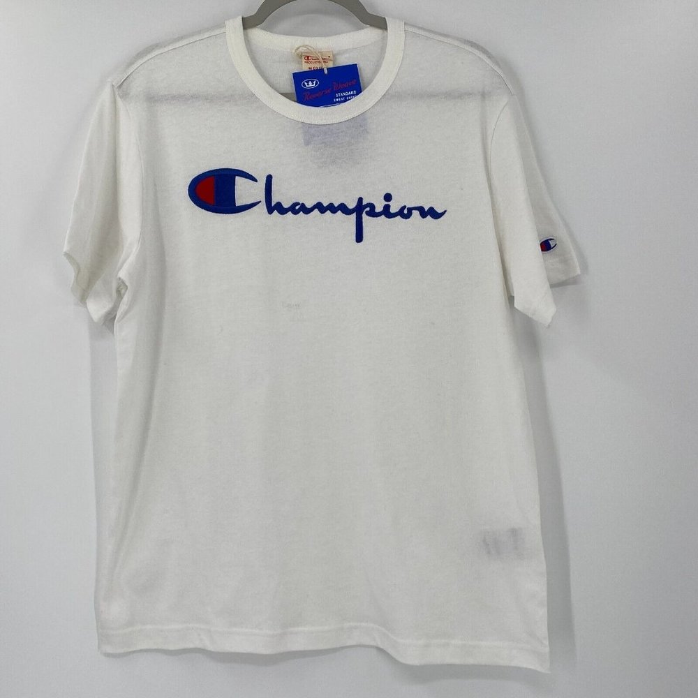 Champion Men's Big Script Crew Neck T-Shirt Reverse WeaveTee in White sz M $55
